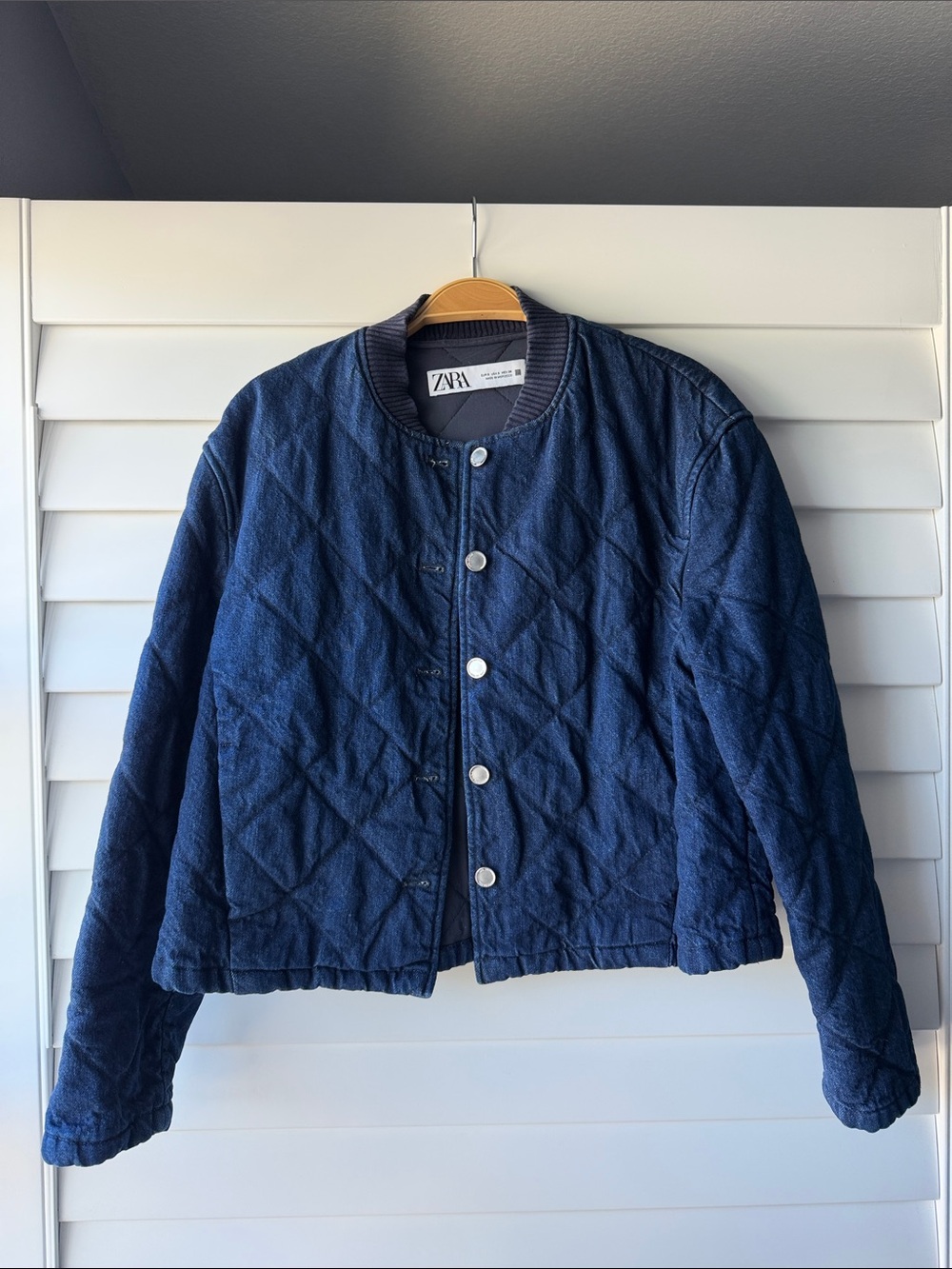Zara Denim Quilted Button-Front Cropped Jacket